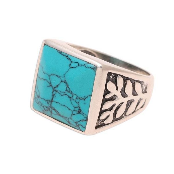 Alternate image for Mens Sterling Silver and Square Recon. Turquoise Ring Dark Leaves