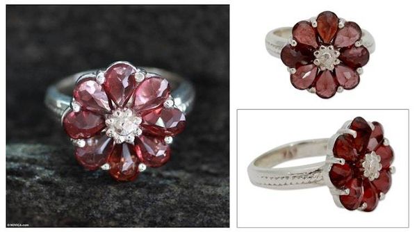 Alternate image for Garnet Flower Ring Artisan Crafted with Sterling Silver Joyous Blossom