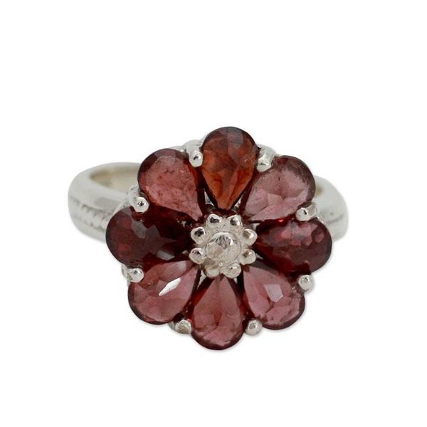 Alternate image for Garnet Flower Ring Artisan Crafted with Sterling Silver Joyous Blossom