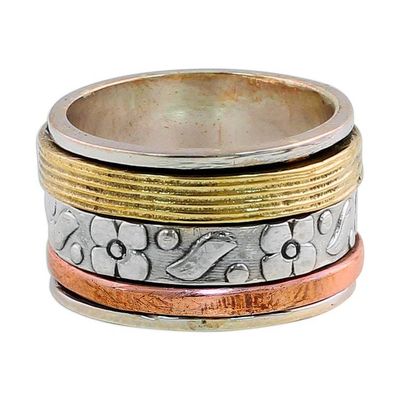 Alternate image for Sterling Silver Copper and Brass Indian Floral Spinner Ring Floral Sheen