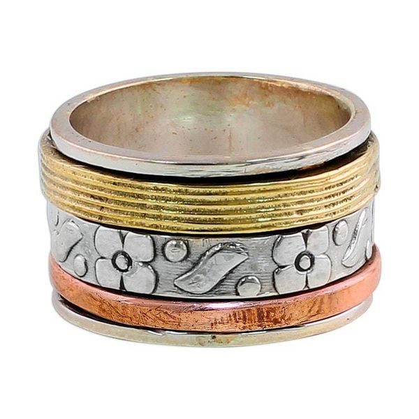Alternate image for Sterling Silver Copper and Brass Indian Floral Spinner Ring Floral Sheen