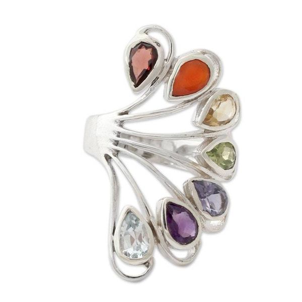 Alternate image for Multi-gemstone .925 Silver Ring Chakra Jewelry from India Harmonious Wisdom