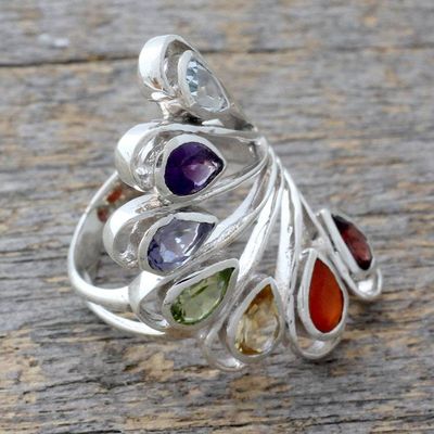 Alternate image for Multi-gemstone .925 Silver Ring Chakra Jewelry from India Harmonious Wisdom