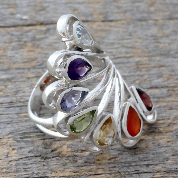 Alternate image for Multi-gemstone .925 Silver Ring Chakra Jewelry from India Harmonious Wisdom