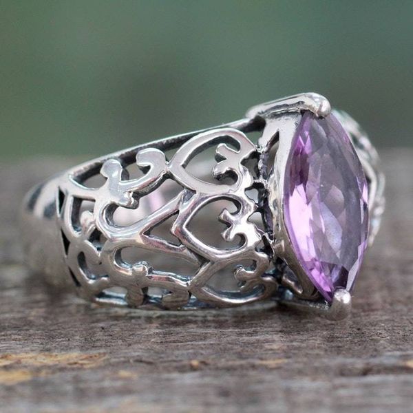 Alternate image for Marquise Amethyst Single Stone Silver Ring from India Love Sonnet