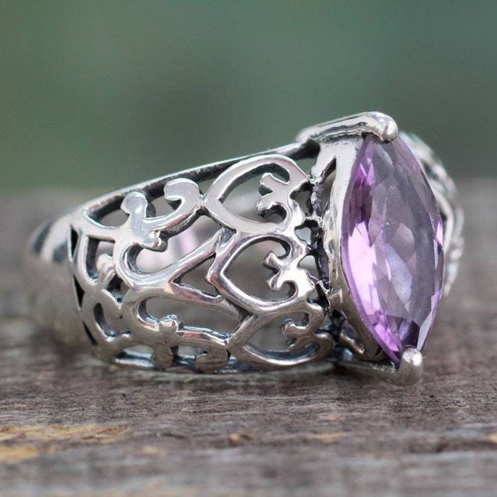 Marquise Amethyst Single Stone Silver Ring from India 'Love Sonnet'