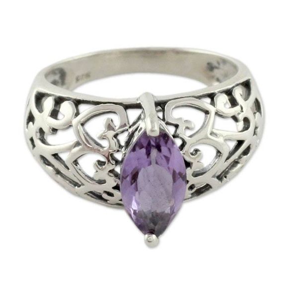 Alternate image for Marquise Amethyst Single Stone Silver Ring from India Love Sonnet