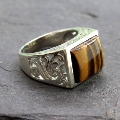 Alternate image for Hand Crafted Sterling Silver and Tiger Eye Mens Ring Warmth