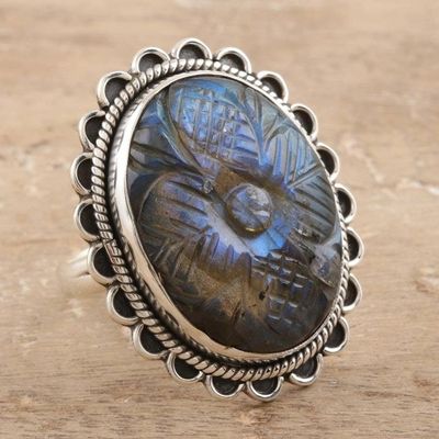 Alternate image for Flower Motif Hand Carved Labradorite Ring Aurora Garden