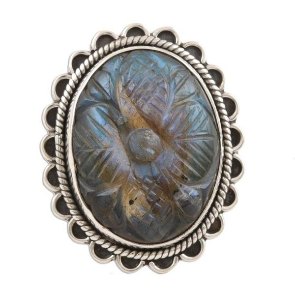 Alternate image for Flower Motif Hand Carved Labradorite Ring Aurora Garden