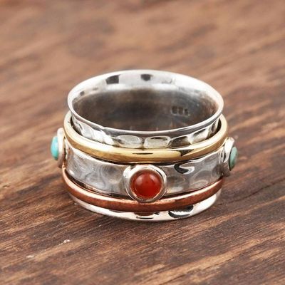 Alternate image for Red Onyx and Reconstituted Turquoise Spinner Ring from India Glowing Energy