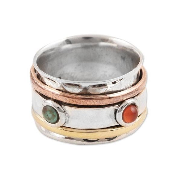 Alternate image for Red Onyx and Reconstituted Turquoise Spinner Ring from India Glowing Energy