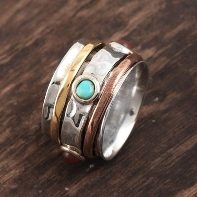 Alternate image for Red Onyx and Reconstituted Turquoise Spinner Ring from India Glowing Energy