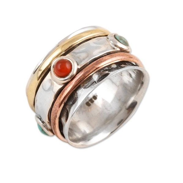 Alternate image for Red Onyx and Reconstituted Turquoise Spinner Ring from India Glowing Energy