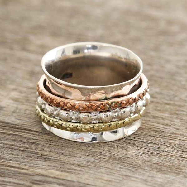 Alternate image for Textured Sterling Silver Spinner Ring from India Mesmerizing Triple