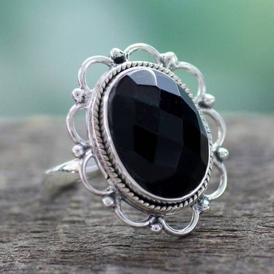 Primary image for Onyx and Sterling Silver Flower Ring from India Midnight Blossom