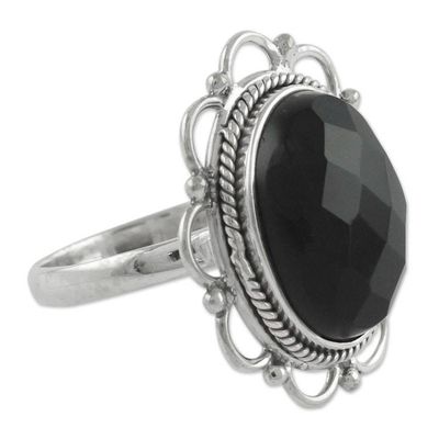 Alternate image for Onyx and Sterling Silver Flower Ring from India Midnight Blossom