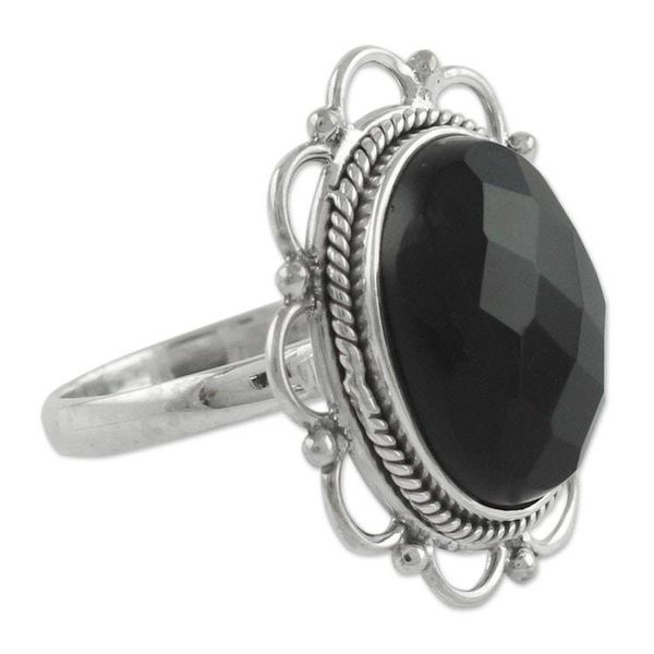 Alternate image for Onyx and Sterling Silver Flower Ring from India Midnight Blossom