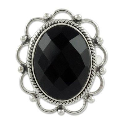 Alternate image for Onyx and Sterling Silver Flower Ring from India Midnight Blossom