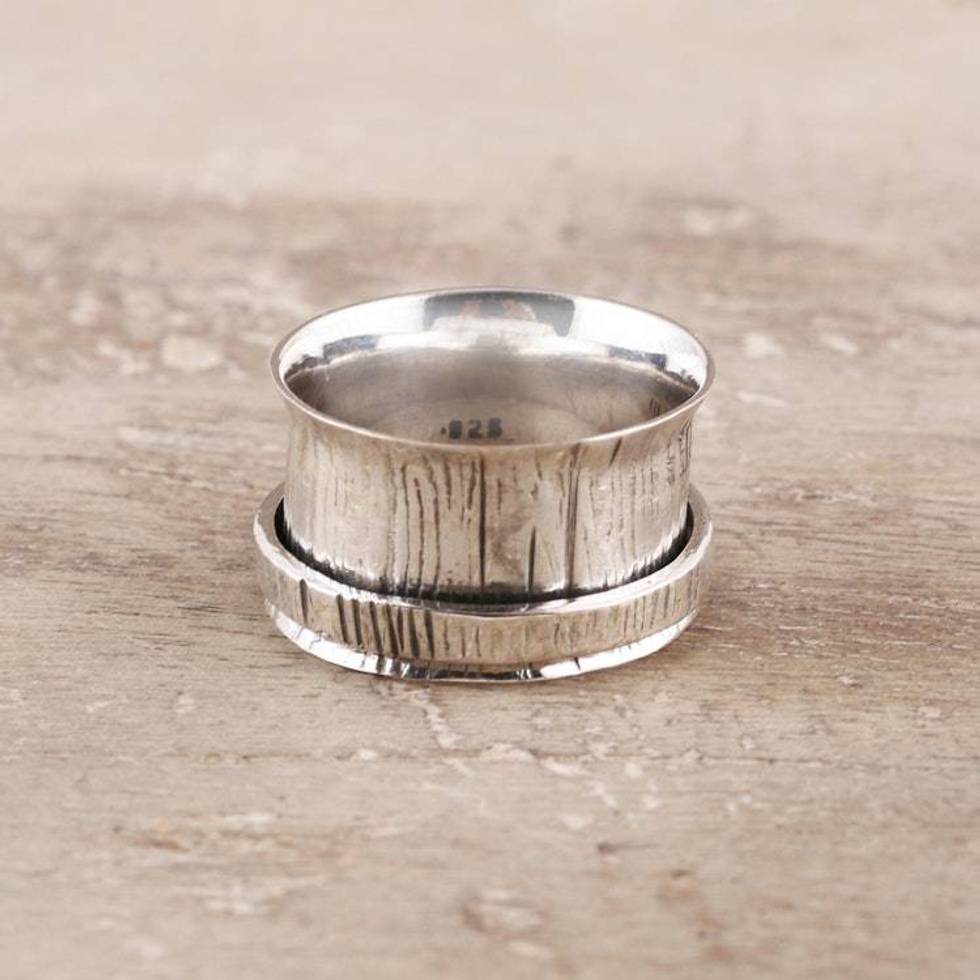 Tree Bark Pattern Sterling Silver Spinner Ring from India 'Rotating Trunk'