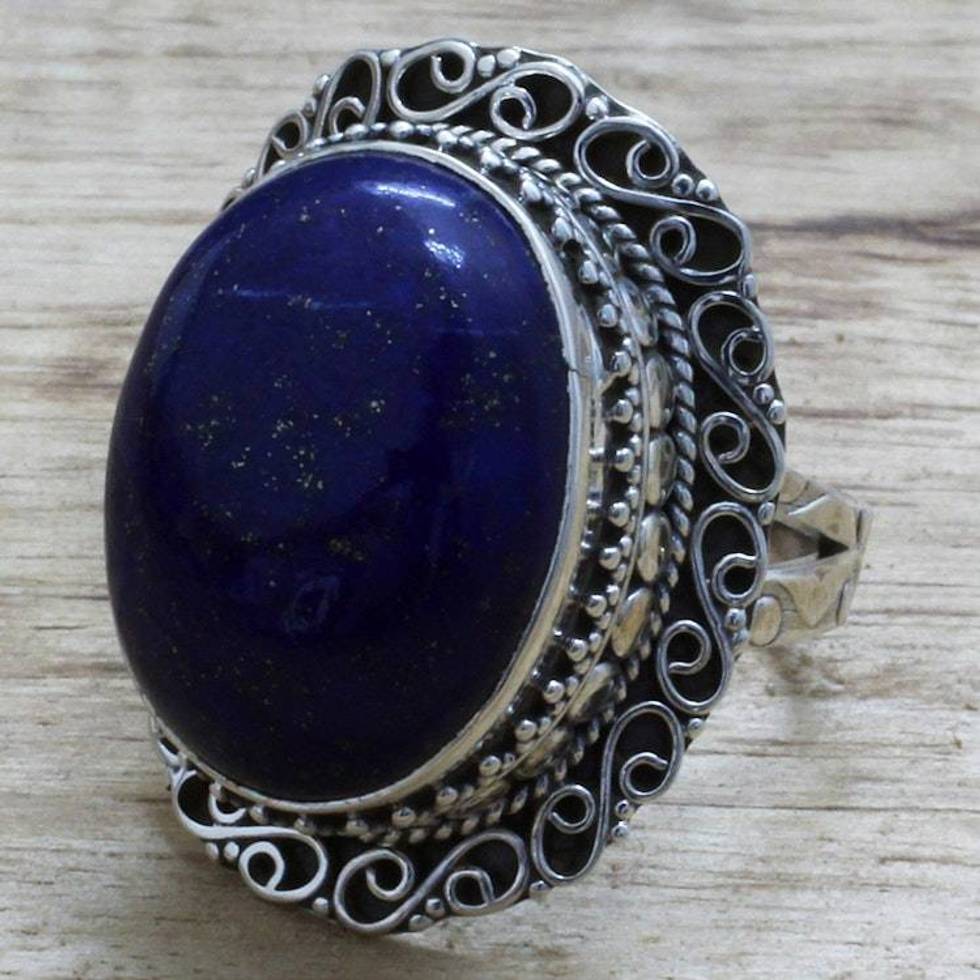Hand Made Sterling Silver Lapis Lazuli Cocktail Ring India 'Swirling Sky'