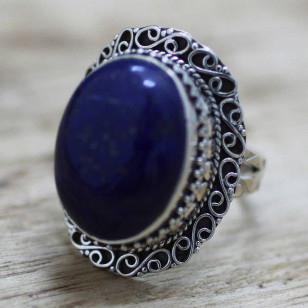Alternate image for Hand Made Sterling Silver Lapis Lazuli Cocktail Ring India Swirling Sky