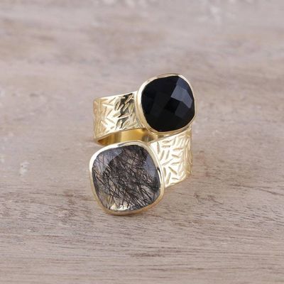 Alternate image for Onyx and Tourmalinated Quartz 18k Gold Plated Wrap Ring Twilight Drama