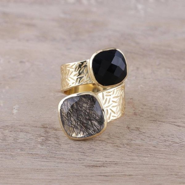 Alternate image for Onyx and Tourmalinated Quartz 18k Gold Plated Wrap Ring Twilight Drama