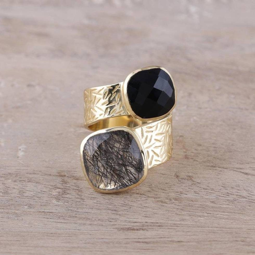 Onyx and Tourmalinated Quartz 18k Gold Plated Wrap Ring 'Twilight Drama'