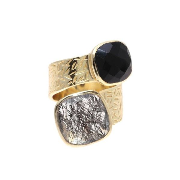 Alternate image for Onyx and Tourmalinated Quartz 18k Gold Plated Wrap Ring Twilight Drama