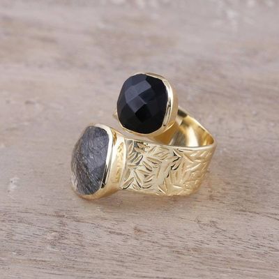 Alternate image for Onyx and Tourmalinated Quartz 18k Gold Plated Wrap Ring Twilight Drama