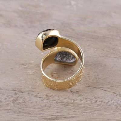 Alternate image for Onyx and Tourmalinated Quartz 18k Gold Plated Wrap Ring Twilight Drama