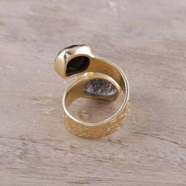 Alternate image for Onyx and Tourmalinated Quartz 18k Gold Plated Wrap Ring Twilight Drama