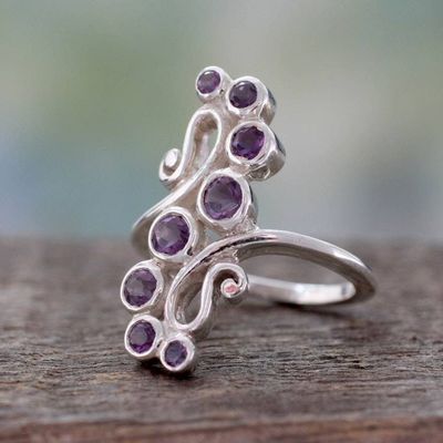 Alternate image for Handcrafted Silver Statement Cocktail Ring with 8 Amethysts Wisteria Tendrils