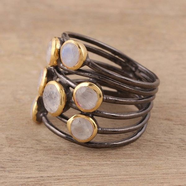 Alternate image for Gold Plated Sterling Silver Rainbow Moonstone Cocktail Ring Dewy Morn