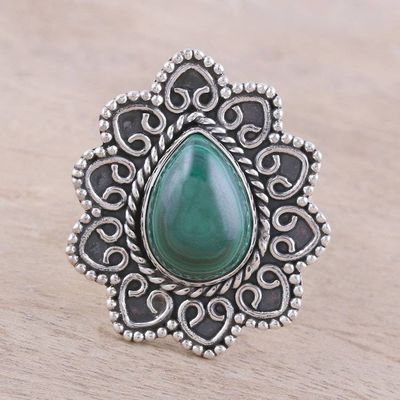 Alternate image for Malachite Teardrop and Sterling Silver Scrolls Cocktail Ring Tremendous