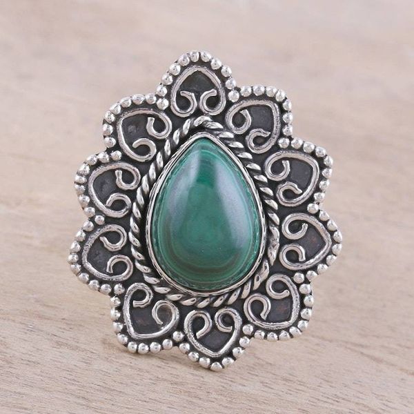 Alternate image for Malachite Teardrop and Sterling Silver Scrolls Cocktail Ring Tremendous