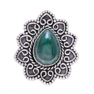 Alternate image for Malachite Teardrop and Sterling Silver Scrolls Cocktail Ring Tremendous
