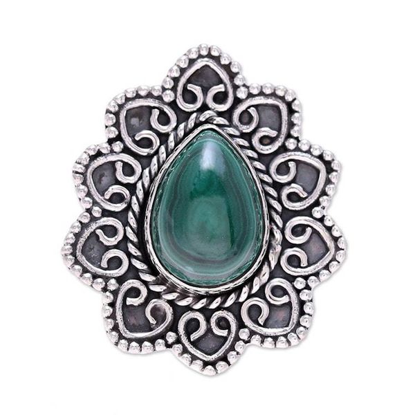 Alternate image for Malachite Teardrop and Sterling Silver Scrolls Cocktail Ring Tremendous
