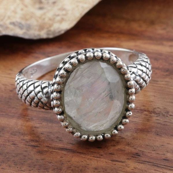 Alternate image for Checkerboard Faceted Rainbow Moonstone Sterling Silver Ring Sparkling Mist