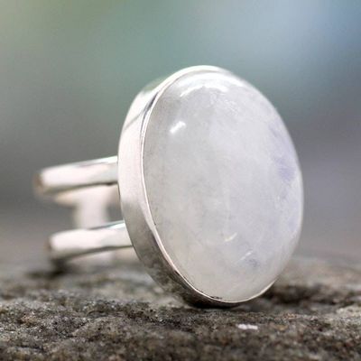 Primary image for Rainbow Moonstone Cocktail Ring Artisan Silver Jewelry Radiant Light