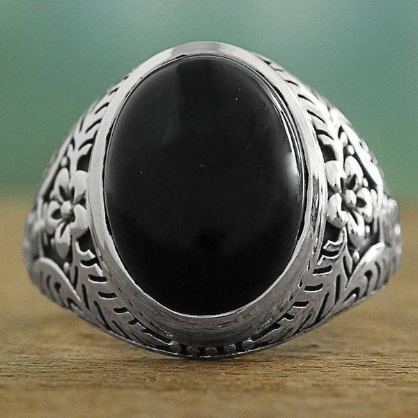 Alternate image for Onyx and Sterling Silver Cocktail Ring with Floral Motif Radiant Black Beauty
