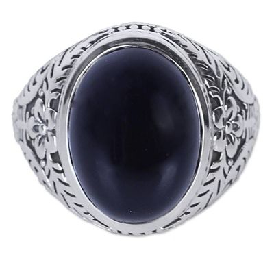 Alternate image for Onyx and Sterling Silver Cocktail Ring with Floral Motif Radiant Black Beauty