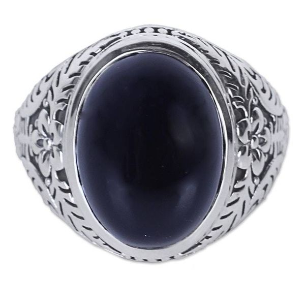 Alternate image for Onyx and Sterling Silver Cocktail Ring with Floral Motif Radiant Black Beauty