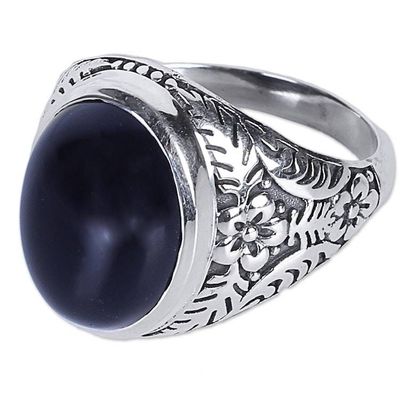 Alternate image for Onyx and Sterling Silver Cocktail Ring with Floral Motif Radiant Black Beauty