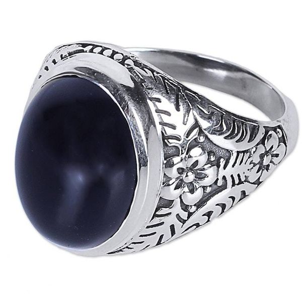 Alternate image for Onyx and Sterling Silver Cocktail Ring with Floral Motif Radiant Black Beauty