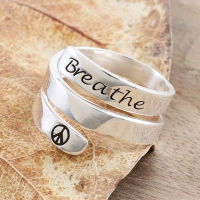 Primary image for Sterling Silver Wrap Ring with Breathe Inscription Breathe in Peace
