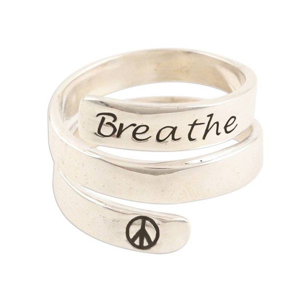 Alternate image for Sterling Silver Wrap Ring with Breathe Inscription Breathe in Peace