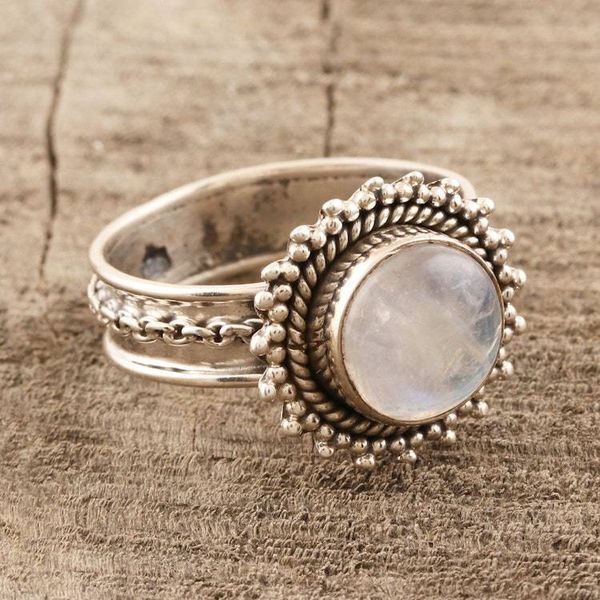 Alternate image for Sterling Silver and Rainbow Moonstone Cocktail Ring Chained
