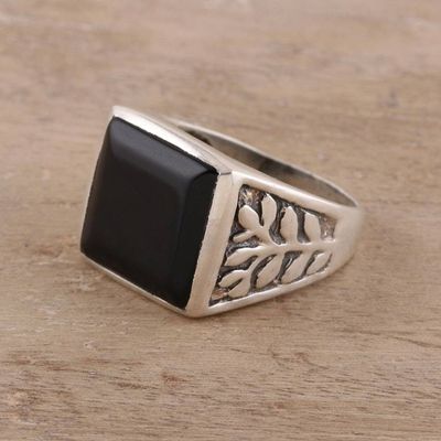 Alternate image for 925 Sterling Silver and Onyx Mens Ring with Leaf Motifs Mystical Leaves